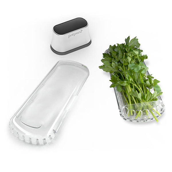 Stainless steel Herb Savor by Prepara for preserving herb freshness.